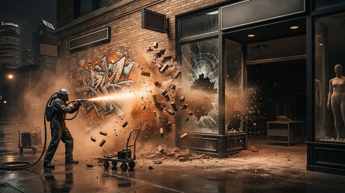 can you sandblast a storefront while it's open