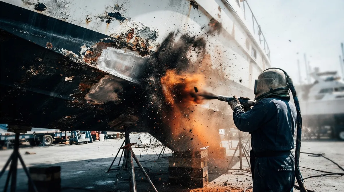 sandblasting boat hull